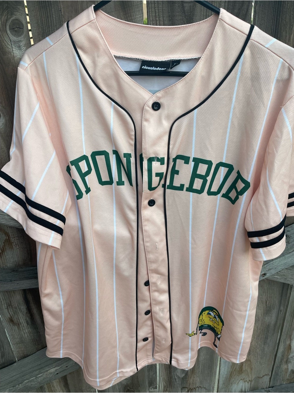 Nickelodeon SpongeBob SquarePants Pink Striped Baseball Jersey Green Logo Y2K